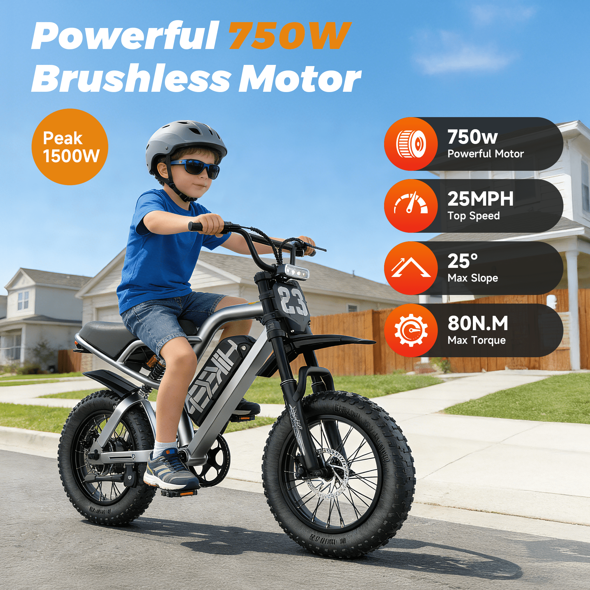 Peak 750W Motor Electric Moutain Bike, 16" Fat Tire Electric Bike for Teenagers, 48V 15Ah Battery, UL2849