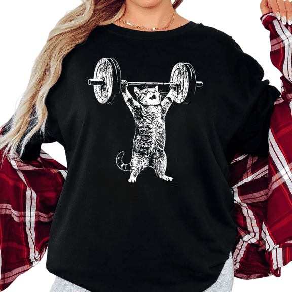 Women's Weightlifting Cat Graphic Casual T Shirt Funny Gym Lover Retro Vintage Workout Short Sleeve Round Neck Top Black S-5XL