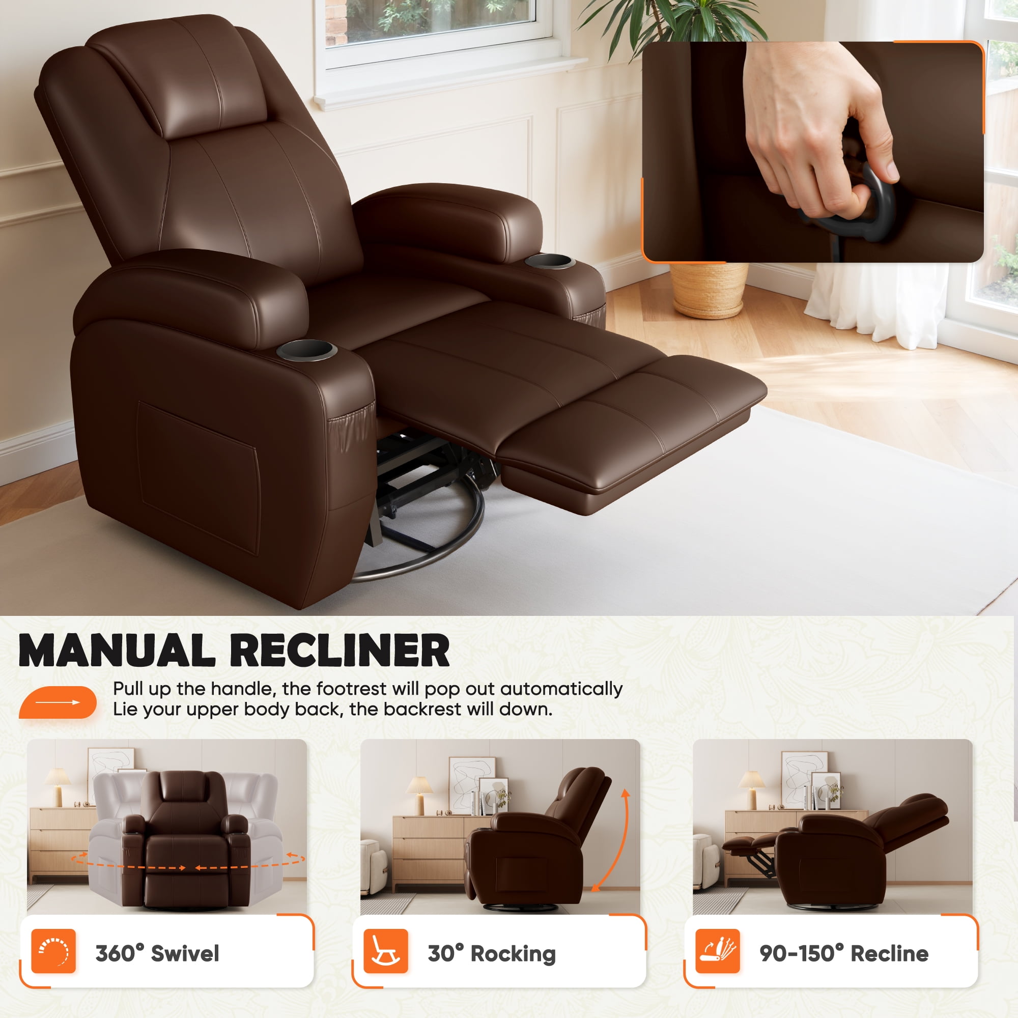 Furmax 360° Swivel Rocking Chair Power Massage Recliner With nursing Needs Oversized Furniture For Living Room,,PU Brown