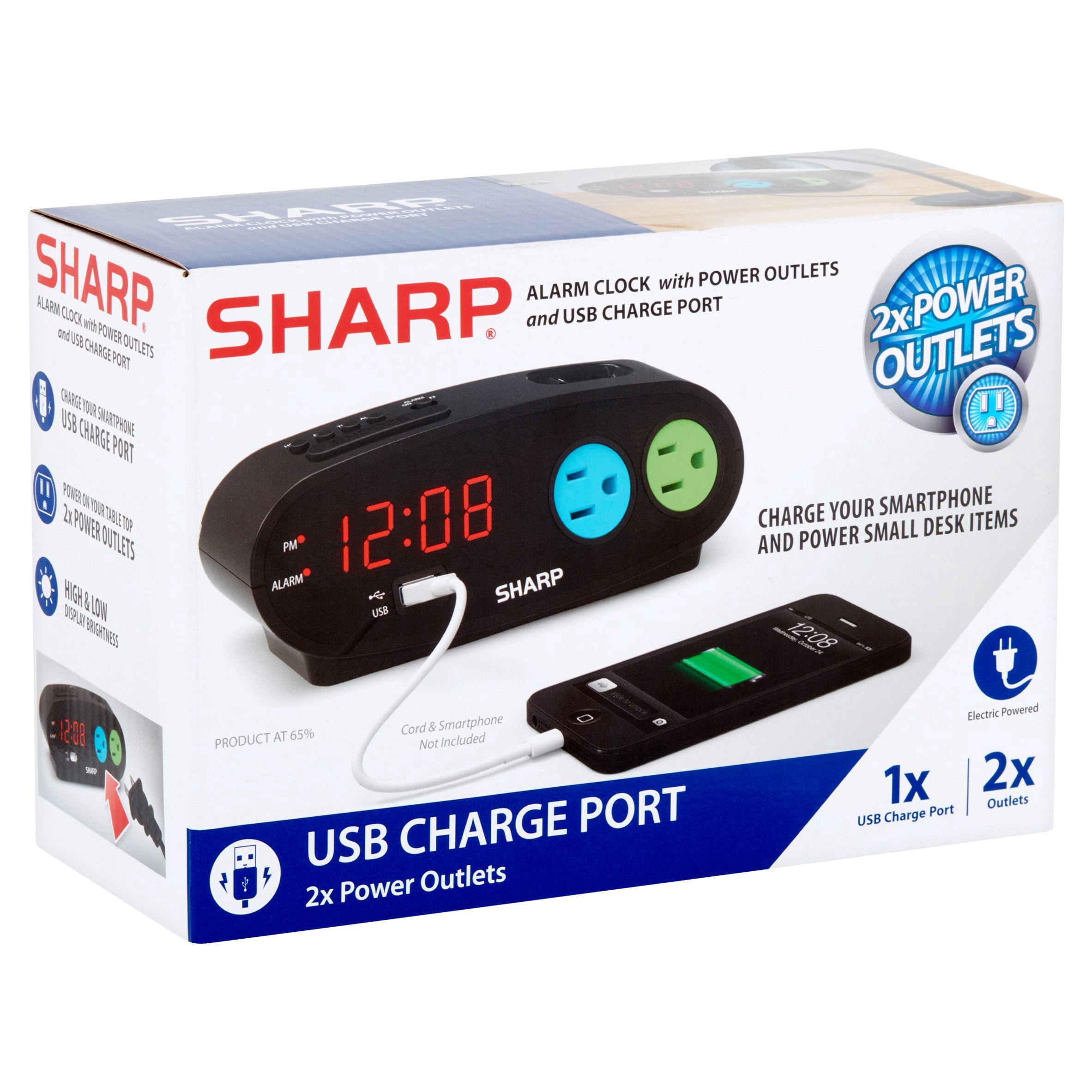 Sharp Alarm with USB and Outlets, Black