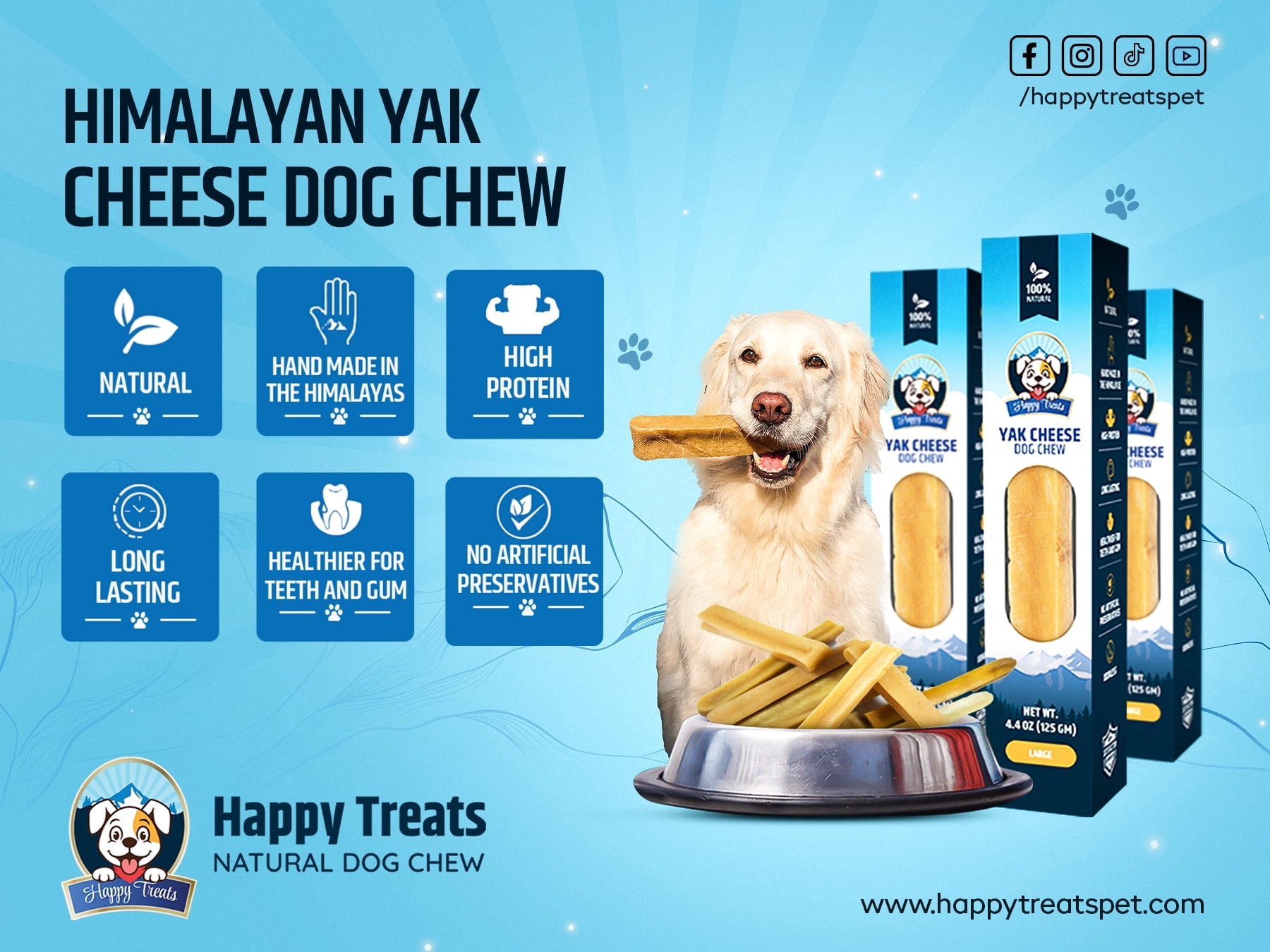 Happy Treats yak cheese dog chews, crafted from natural ingredients like yak and cow milk, are cherished by pet owners for their durability and minimal processing. (Large 3 Lbs)