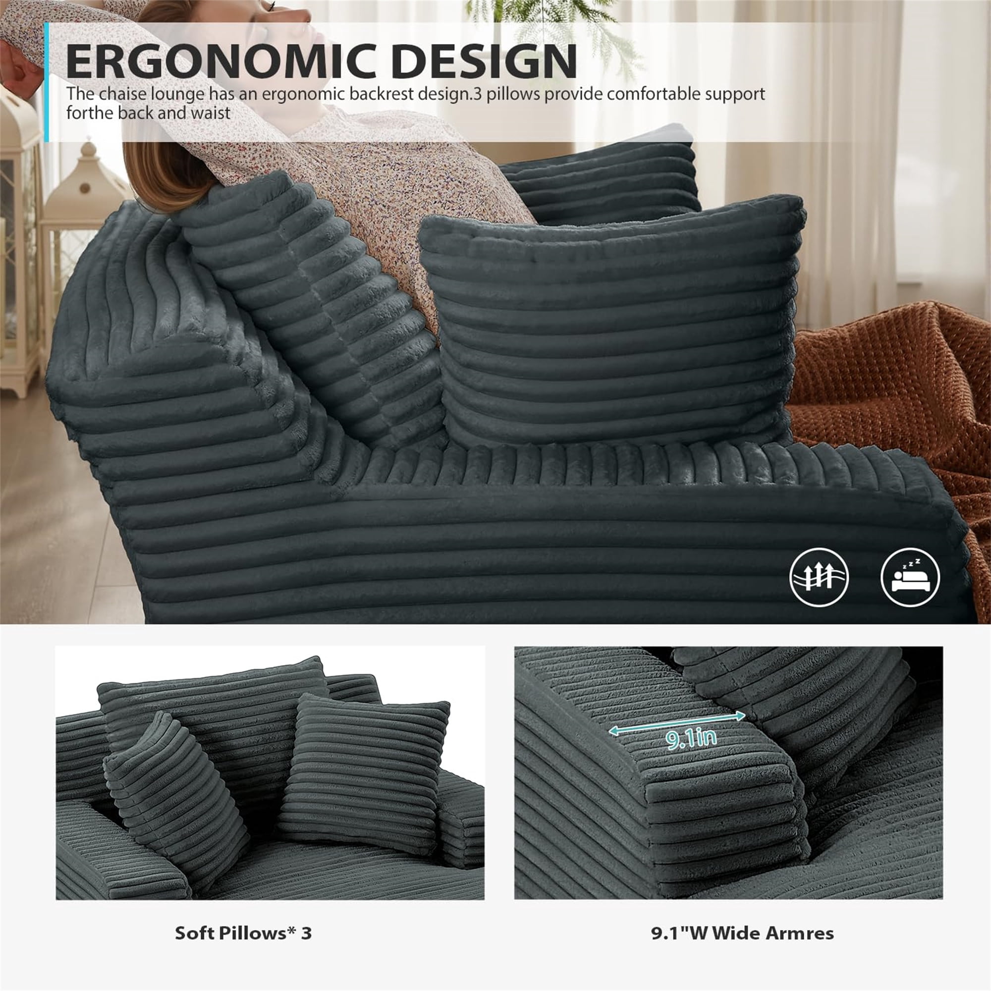 Aukfa 65" Oversized Chaise Lounge Indoor Chair Boneless Sofa Couch for Living Room, 3Pillows, Corduroy, Dark Gray