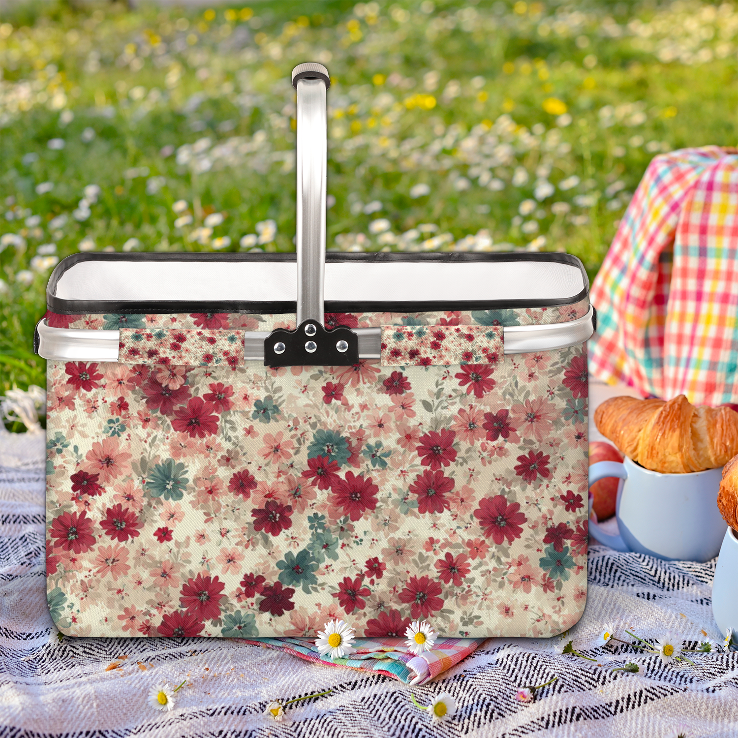Large 40L Collapsible Market Basket Floral Print Foldable Shopping Tote with Handle for Grocery, Picnic, Beach