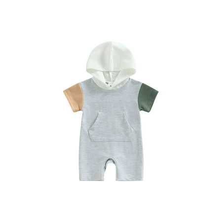 

Seyurigaoka Infant Baby Girl Boy Summer Hood Romper Pants Contrast Color Short Sleeve Jumpsuit with Kangaroo Pocket