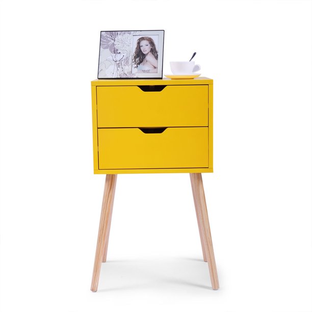 Kepooman Wood Night Stand Modern End Side Table With 2 Drawers For Bedroom Yellow Walmart Com Walmart Com