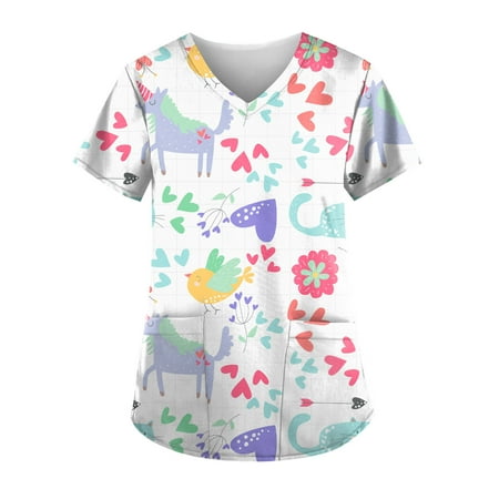

QWERTYU Working Scrubs Top for Women Professionals V Neck T Shirt Casual Graphic Uniform Pockets Holiday Nursing Scrubs Multicolor XL