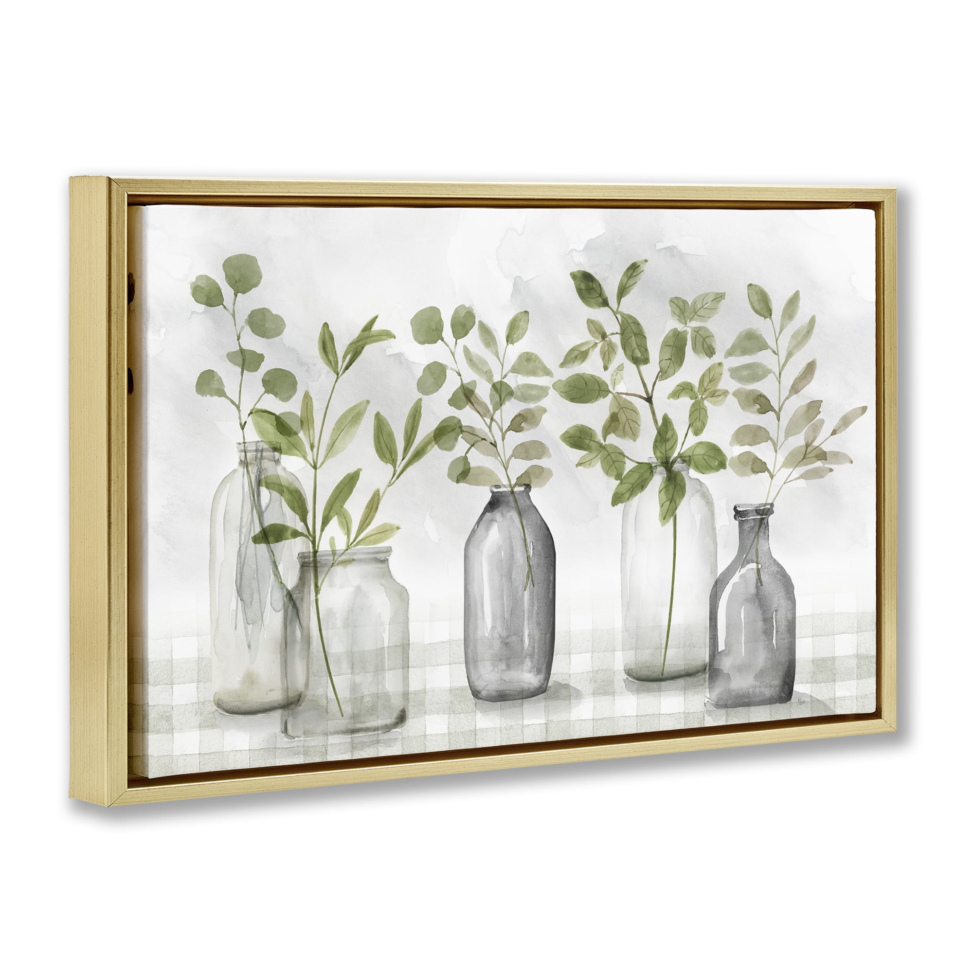 Stupell Industries Greenery Leaves in Vases Gold Framed Floater Canvas Wall Art, design by Nan