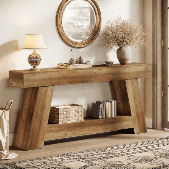 Fnova 70.9" Farmhouse Console Table, 2-Tier Extra Long Entryway Table with Storage, A-Frame Sofa Table Behind Couch for Hallway Living Room