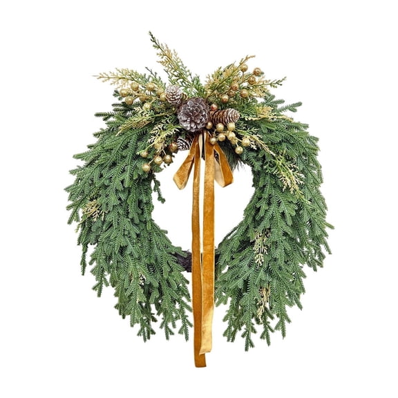 2026 Christmas Indoor Home Decor Artificial Christmas Wreath With Golden Berries Velvet Bow Front Door Winter Decor Garland