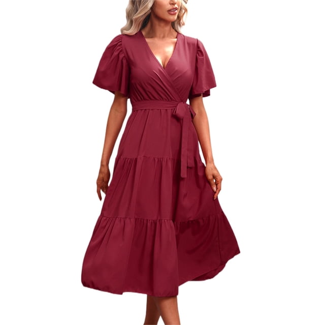 B91xZ Robes Décontractées pour Femmes Été Col Carré à Volants Robe Babydoll Fluide, RD2 m