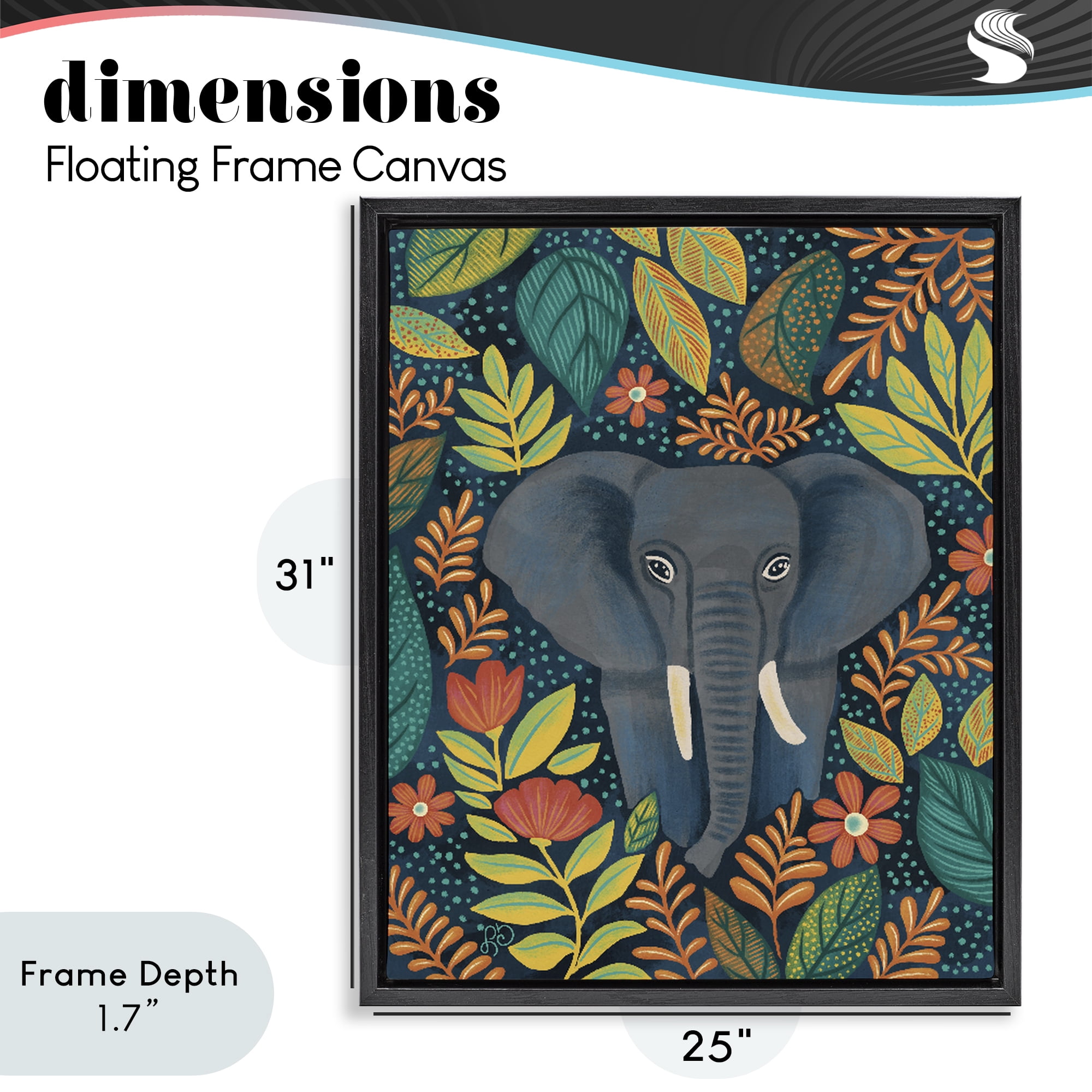 Stupell Industries Exotic Leaf Pattern Elephant Black Framed Floater Canvas Wall Art, design by Lisa R Dumm