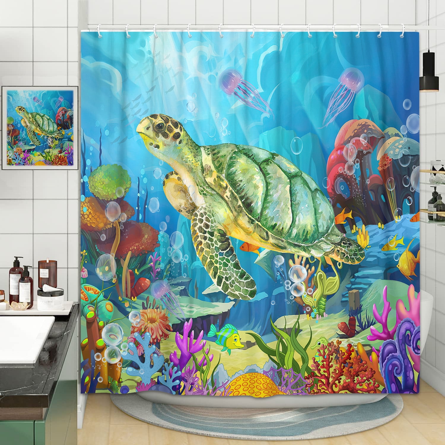 Sea Turtle Shower Curtain for Kids Bathroom, Tropical Fish Turtle Blue Sea  Ocean Beach Coastal Fabric Shower Curtains Set, Summer Beachy Nautical