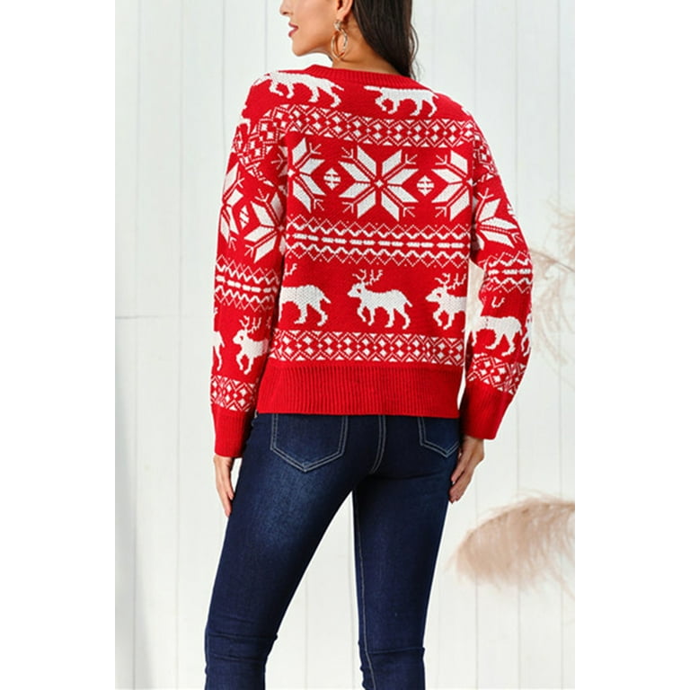 Women Christmas Sweater Elk Printed Long Sleeved Cotton Cashmere Sweater