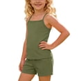 thumbnail image 5 of Amidoa Girls Summer 2 Piece Outfits Kids Solid Color Spaghetti Straps and Shorts Casual Cute Clothing Sets Army Green Size 11, 5 of 8