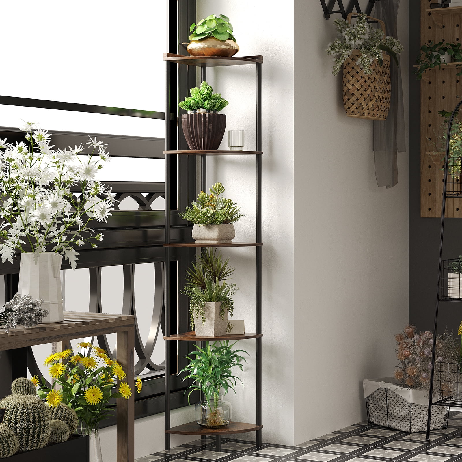 SUNMORY 65" Corner Shelf Stand, 5-Tier Industrial Corner Shelves, Wall Corner Bookshelf, Display Shelf Tall Shelf Plant Stand for Bedroom, Bathroom, Living Room, Corridor