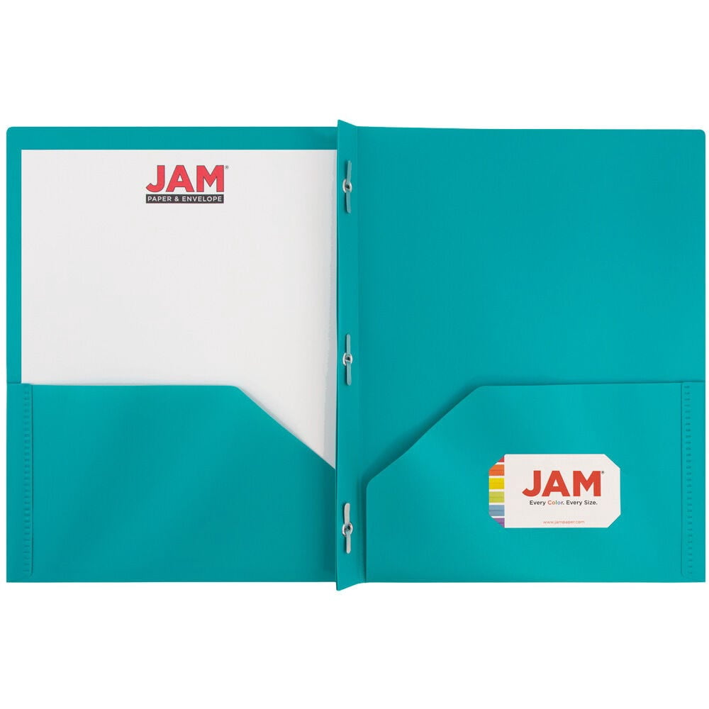 JAM Paper Plastic 2 Pocket POP Folders with Prongs Fastener Clasps, Teal Blue, Bulk 48/Pack