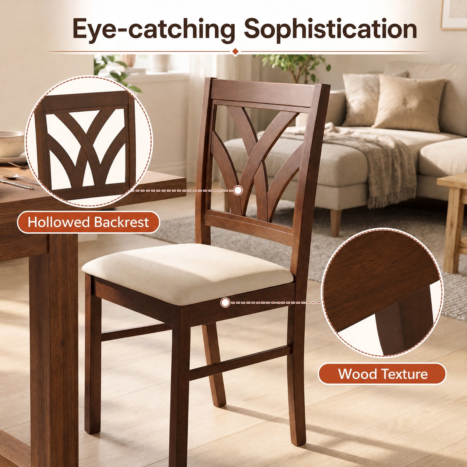 Furnibear Upholstered Wooden Dining Chairs Set of 2 with Hollowed Backrest and Padded Seats on Solid Rubber Wood Frame, Brown