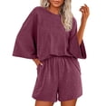 thumbnail image 1 of Conjunto de Verano Casual para Mujeres Color Sólido Manga Corta con Pantalones Cortos Elásticos, 1 of 2