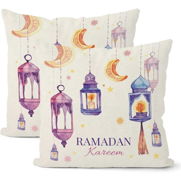 Ramadan Decorations Pillow Covers 18x18 Set of 2, Ramadan Mubarak Throw Pillow Covers Linen Mosque Lattern Decor Ramadan Kareem Cushion Case Ramadan Decorations for Home Couch Sofa Outdoor