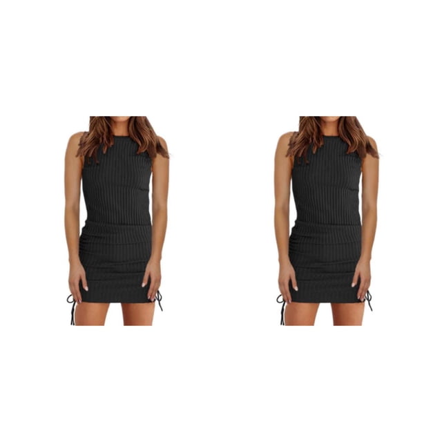 Sonducket Vestido estético Faldas casuales Traje de verano Cuello Top acanalado Ropa de mujer Lavable Moda Sexy Negro Negro 3XL 2piezas