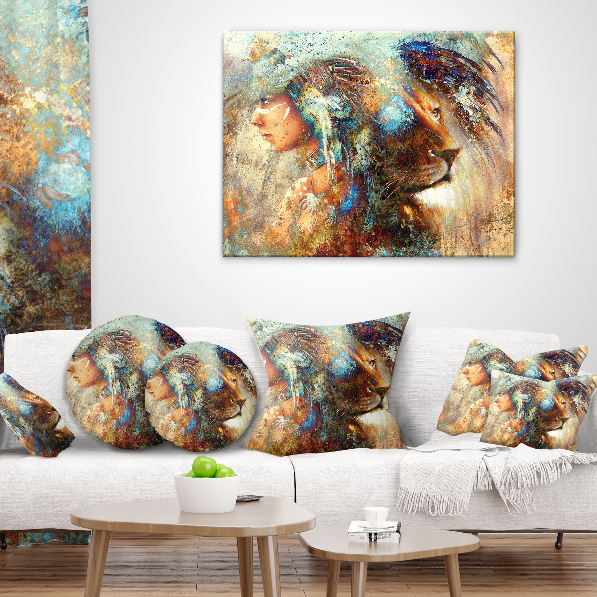 Designart Indian Woman Collage with Lion - Indian Throw Pillow - 18x18