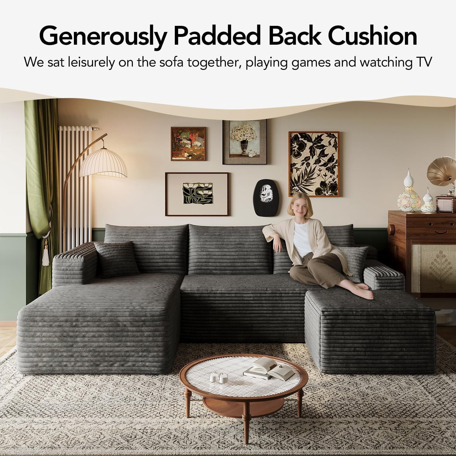 103" Cloud Sectional Sofa, Modern L Shaped Deep Seat Couch, Plush Corduroy Upholstered Sofa No Assembly, Living Room