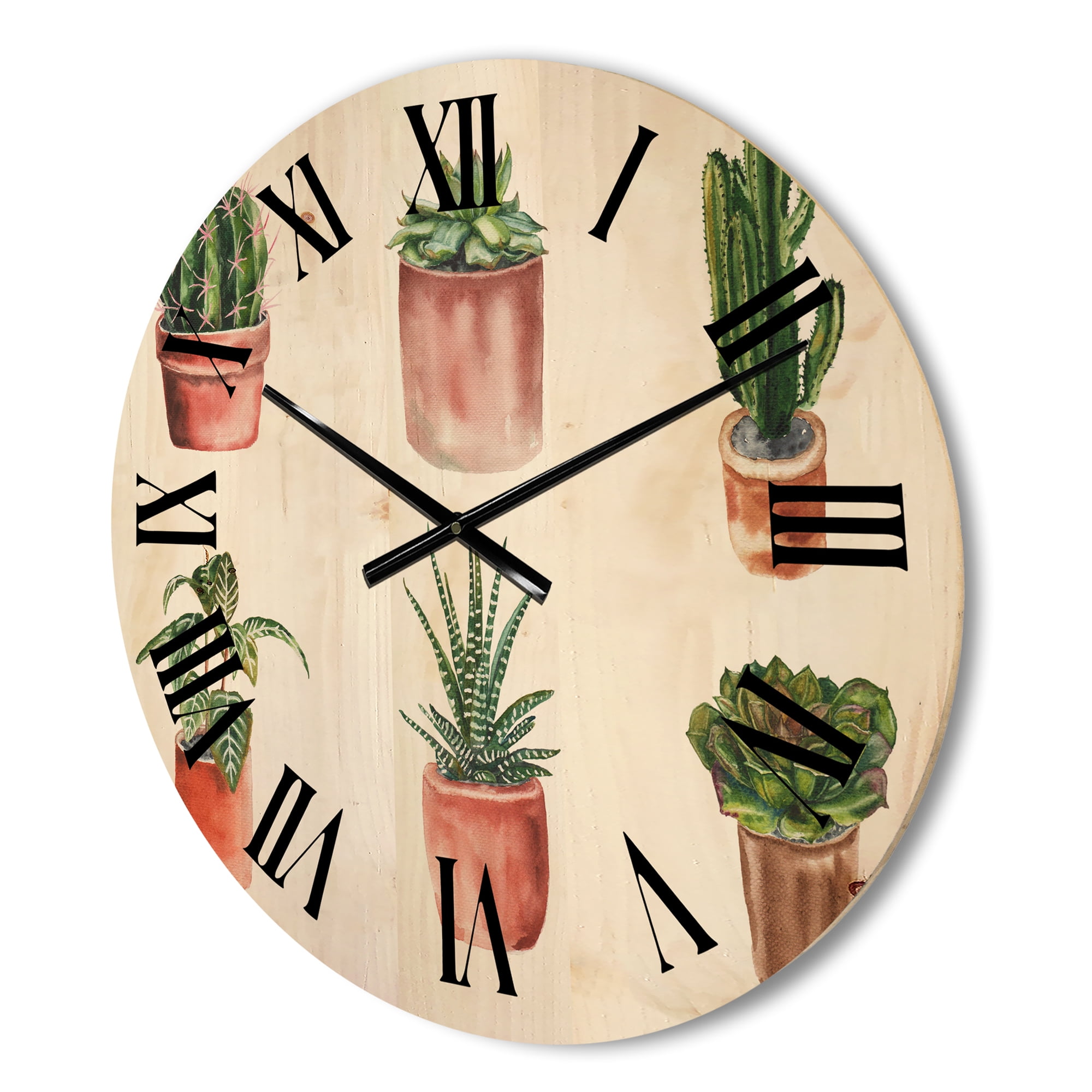 Designart 'Cactus and Succulents In A Clay Pot ' Traditional Wood Wall Clock