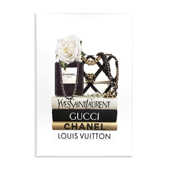 Stupell Industries Contemporary Elegant Glam Fashion Floral Bag on Bookstack Wall Plaque Art, 13 x 19, by Ros Ruseva