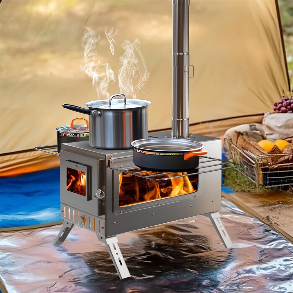 Wisfor Heavy Duty Stainless Steel Camping Wood Burning Stove Tent Stove for Outdoor Heating Cooking with Chimney, 12.2x15.75inch