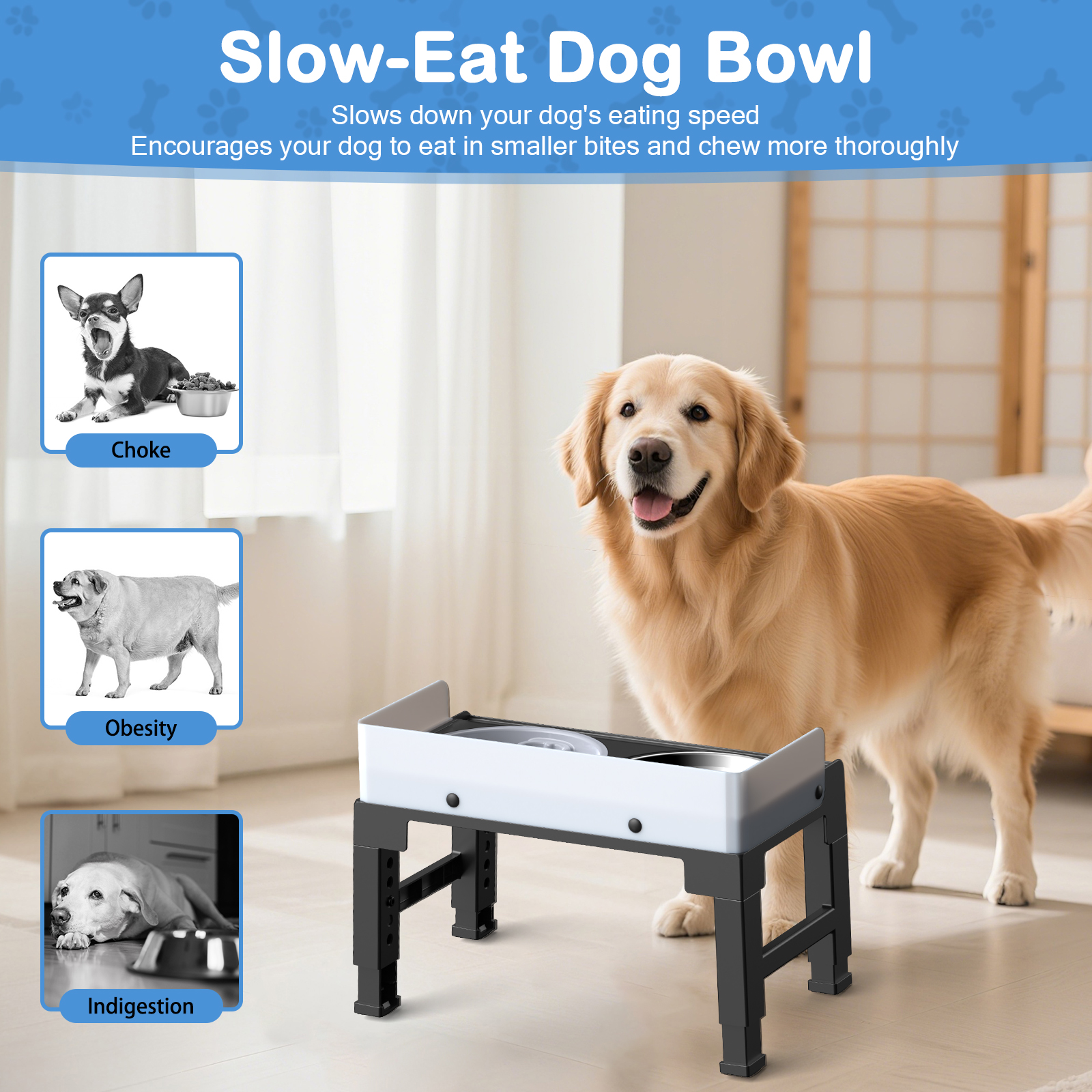 Euqvunn Elevated Dog Bowls, Raised Dogs Bowl Stand for Medium Large Dog, 6 Heights Adjustable 3.1", 8.7", 9.4", 10.2", 11", 11.8", Dog Feeder with 2 Stainless Steel Dishes &1 Slow Feeder Bowl