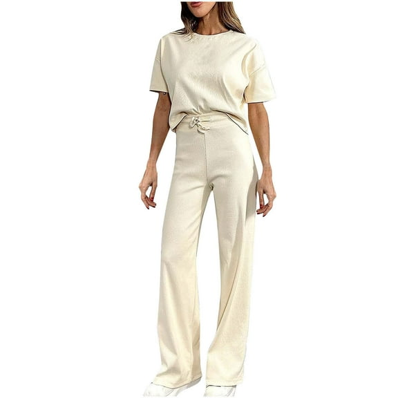 Inleife Two Piece Sets for Women Summer Fashion Summer Women Casual Short Sleeve Bandage Tops Outing Long Pants Sets Beige Sizes M