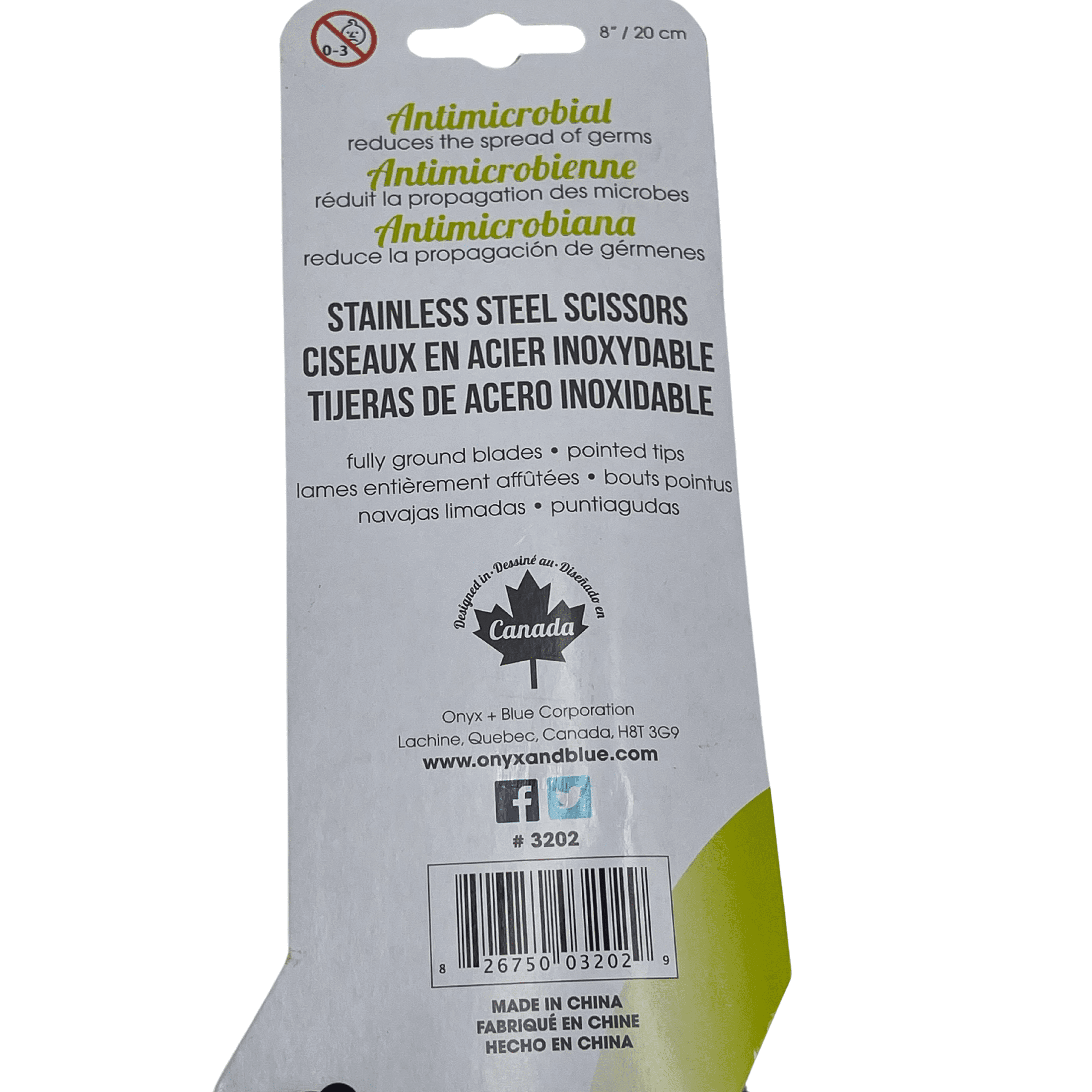 ONYX AND GREEN 3202 - SCISSORS, COMFORTGRIP, 8’’/20CM, POINTED TIP ANTI-MICROBIAL RECYCLED PLASTIC HANDLES PACKAGING: RECYCLED CARTON “TRY ME” CARD, SOY-BASED INK