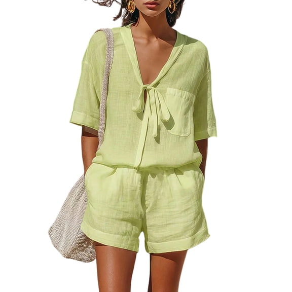 Noric Women's Cotton Linen V-Neck Two Piece Sets Tie-Front Top High-Waist Shorts Set Casual with Pockets Matching Set for Beach Vacation