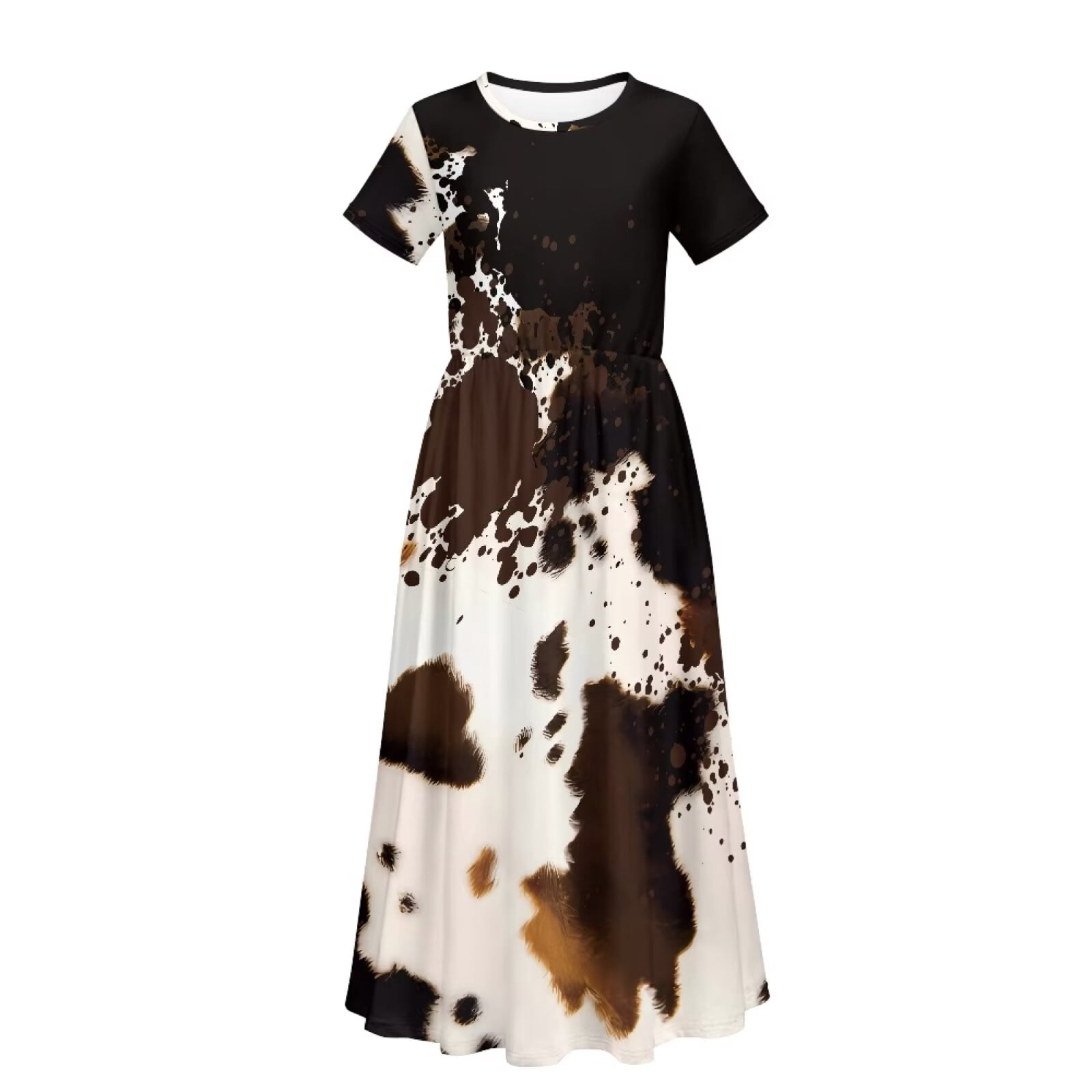 Uourmeti Girl's Dress Brown Cowhide Print Crew Neck Short Sleeve Maxi Long Dress with Pockets Cute Flowy Holiday Outfits, Size 7-8 Years