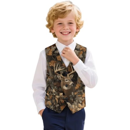 Garronmavis Brown Camo Hunting Boys Sleeveless Vests Stylish Deer V Neck Adjustable Back Strap Vest Comfortable Formal Dress Waistcoat Casual Coat Vest with Pockets for Daily Life