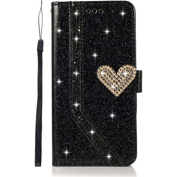 Compatible with iPhone 13 Glitter Wallet Case for Women Girls Luxury Bling Diamond Rhinestone Heart 2 Card Holder Wrist Strap PU Leather Slots Protective Cover 6.1 inch Gold, (QL3290-i13-2)