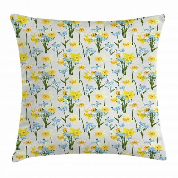 Daffodils Throw Pillow Cushion Cover, Forget Me Not Flowers and Daffodil Blossom Leaf Bouquet Spring Garden, Decorative Square Accent Pillow Case, 18" X 18", Yellow Blue, by Ambesonne