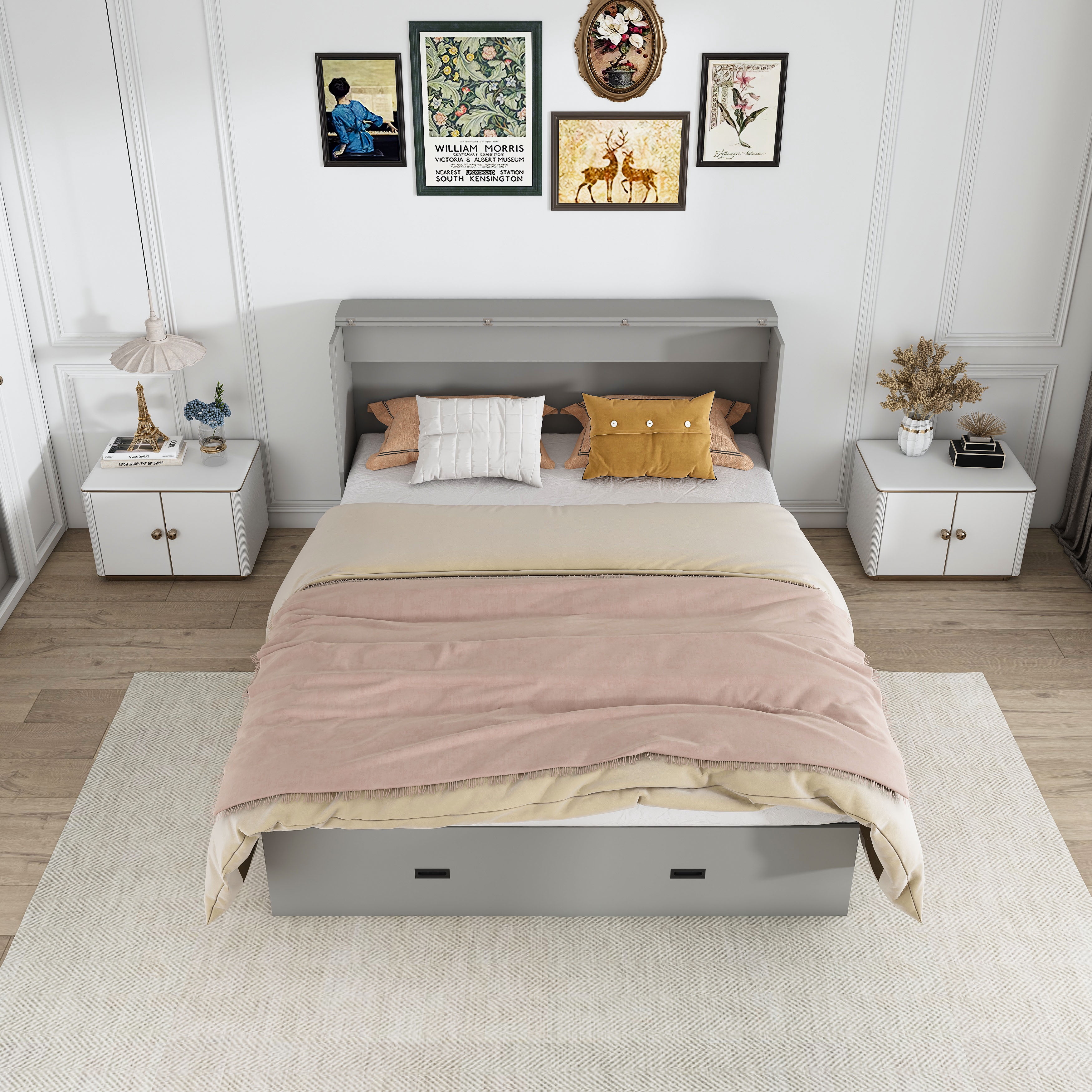 Mintazer Full Murphy Bed with 2.8" Mattress & Charging Station, Foldable Cabinet Bed with Storage Drawers for Bedroom Guest Room&nbsp;Living Room, Gray