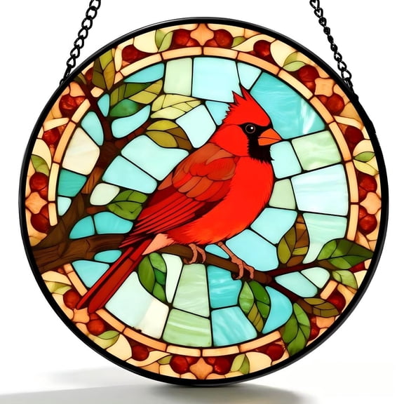 Sinkoo Cardinal Brid Sun Catcher Stained Glass Window Hanging, 8 Inch Sun Catcher Stained Glass Suncatcher Indoor Window Wall Decor, Cardinal Gift for Bird Lovers Women Christmas