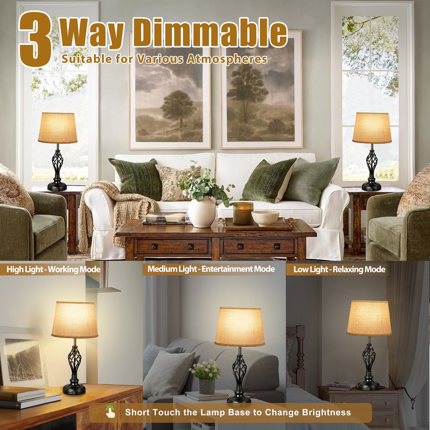 Coliware Table Lamp Set of 2, Traditional Dimmable Desk Lamps with Touch Control USB Charging Port, Farmhouse Tapered Drum Shade Bedside Nightstand Lamps for Living Room Bathroom Bedroom