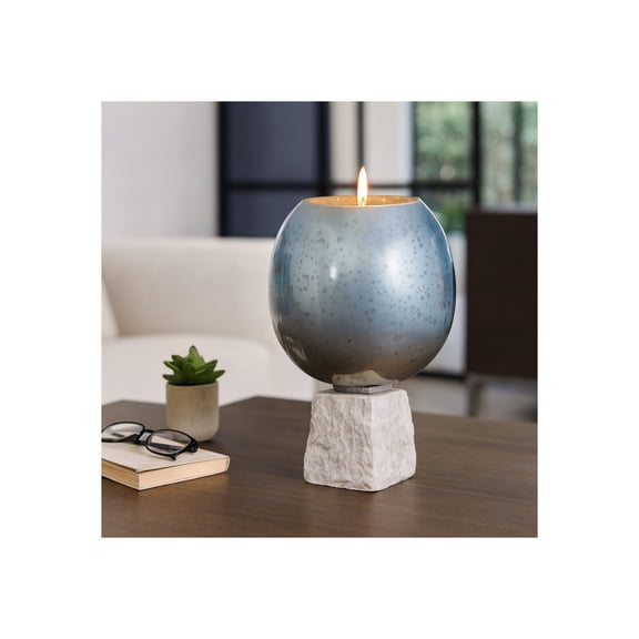 Glass Bowl Candle Holder with Marble Base - Decorative Pillar Candlestick Holder for Coffee Table Centerpieces or Bedroom Decor - Elegant Home Decor Accents for Office or Shelf Decor  - 13", Blue