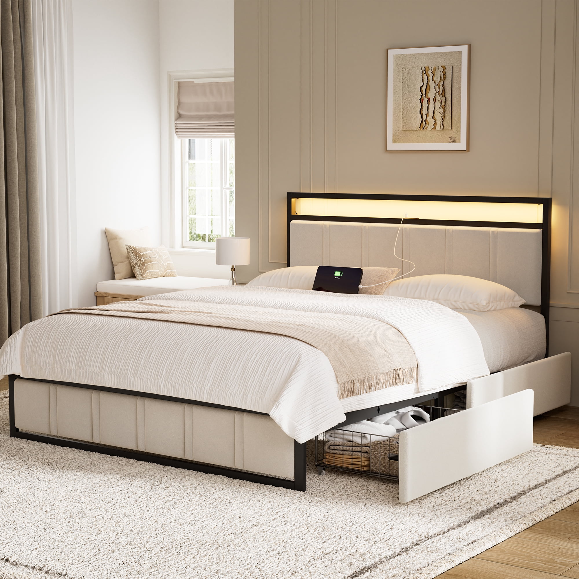 GUNAITO Queen Bed Frame with Headboard, Platform Bed with 2 Drawers, Velvet Upholstered Bed Frame with LED Lights & Charging station，Beige