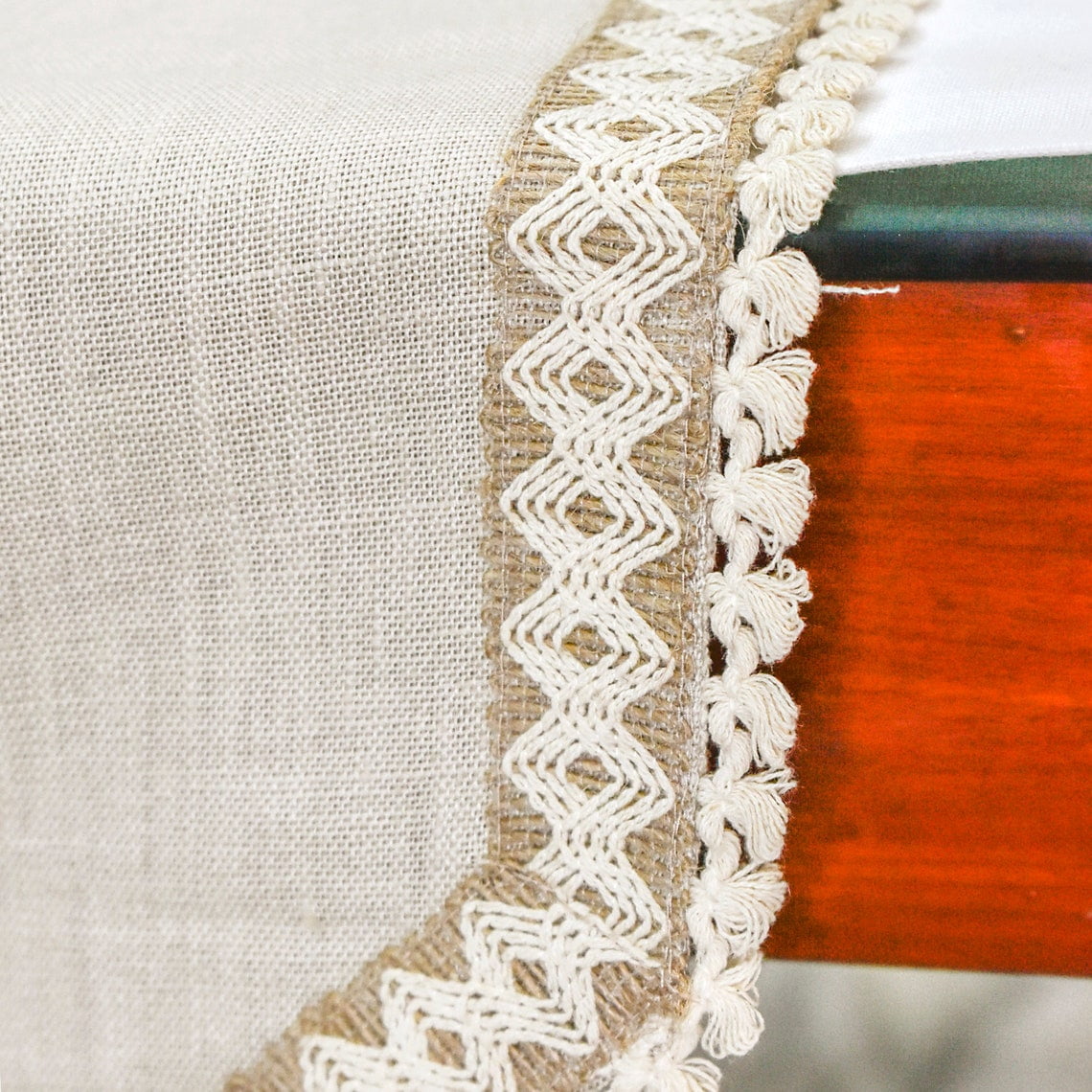 The HomeCentric Decorative Beige Table Runner Coffee Table Runner (14 x 36 inch) Lace, Tassels, Linen fabric Table Linen, Bordered Pattern Contemporary Style - Timeless Linen Loom
