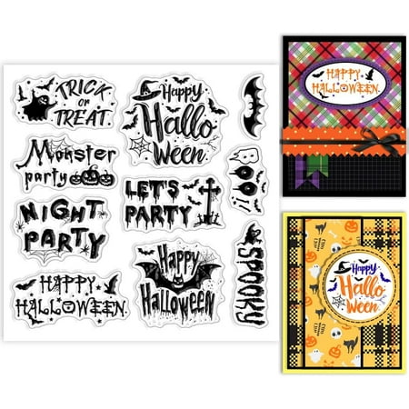 Halloween Text Clear Stamps 5.91x5.91 inch Pumpkin Bat Spider Ghost Silicone Clear Stamp Seals Happy Halloween Trick or Treat Transparent Stamps for DIY Scrapbooking Cards Making for DIY
