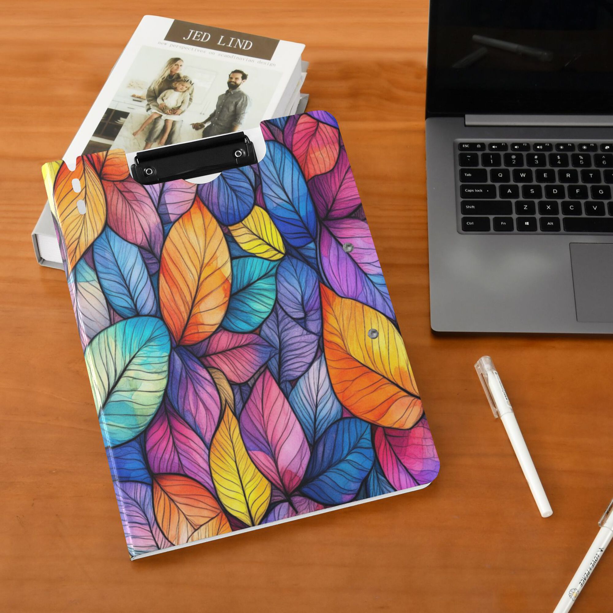 FORMRS A4 Clipboard Folder with Pen Holder Horizontal Foldable School Office Binder, Colorful Leaves