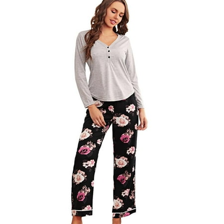 

TINKER Women s Pajama Set Loose Solid Color Long Sleeve Top 2-Piece Pajama
