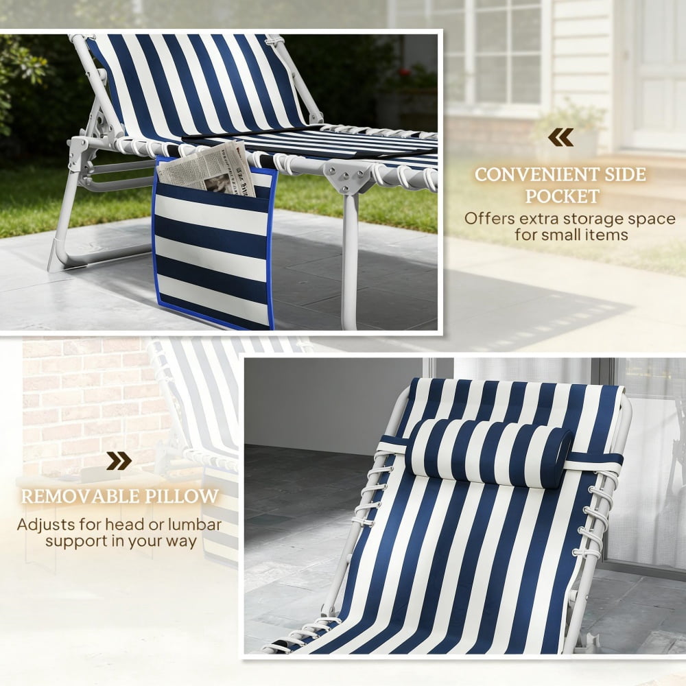 4-Piece Outdoor Lounge Set 2 Patio Loungers & 2 Folding Side Tables 5-Position Adjustable Backrest Face & Arm Holes 600D Oxford Fabric Pool Beach Chairs with Carry Strap
