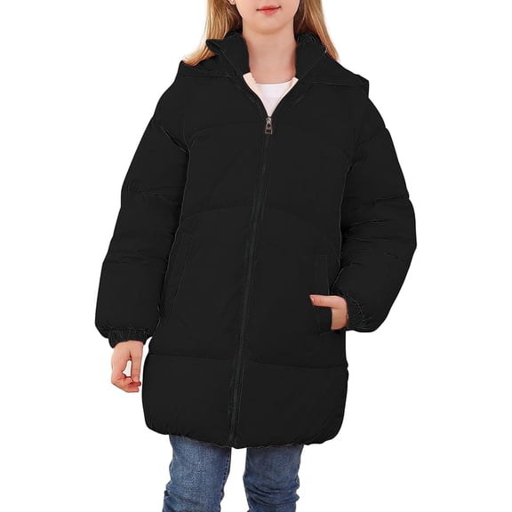 Aideaone Girls Winter Coats Hooded Puffer Jackets Medium Length Down-like Cotton Coats Snow Outwear 5-12Y
