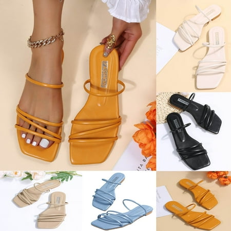 

Cethrio Womens Summer Comfort Flats Sandals- on Clearance Wide Width Slides Sandal Strap Square Toe Beige Dressy Sandals/ Slides Size 6.5