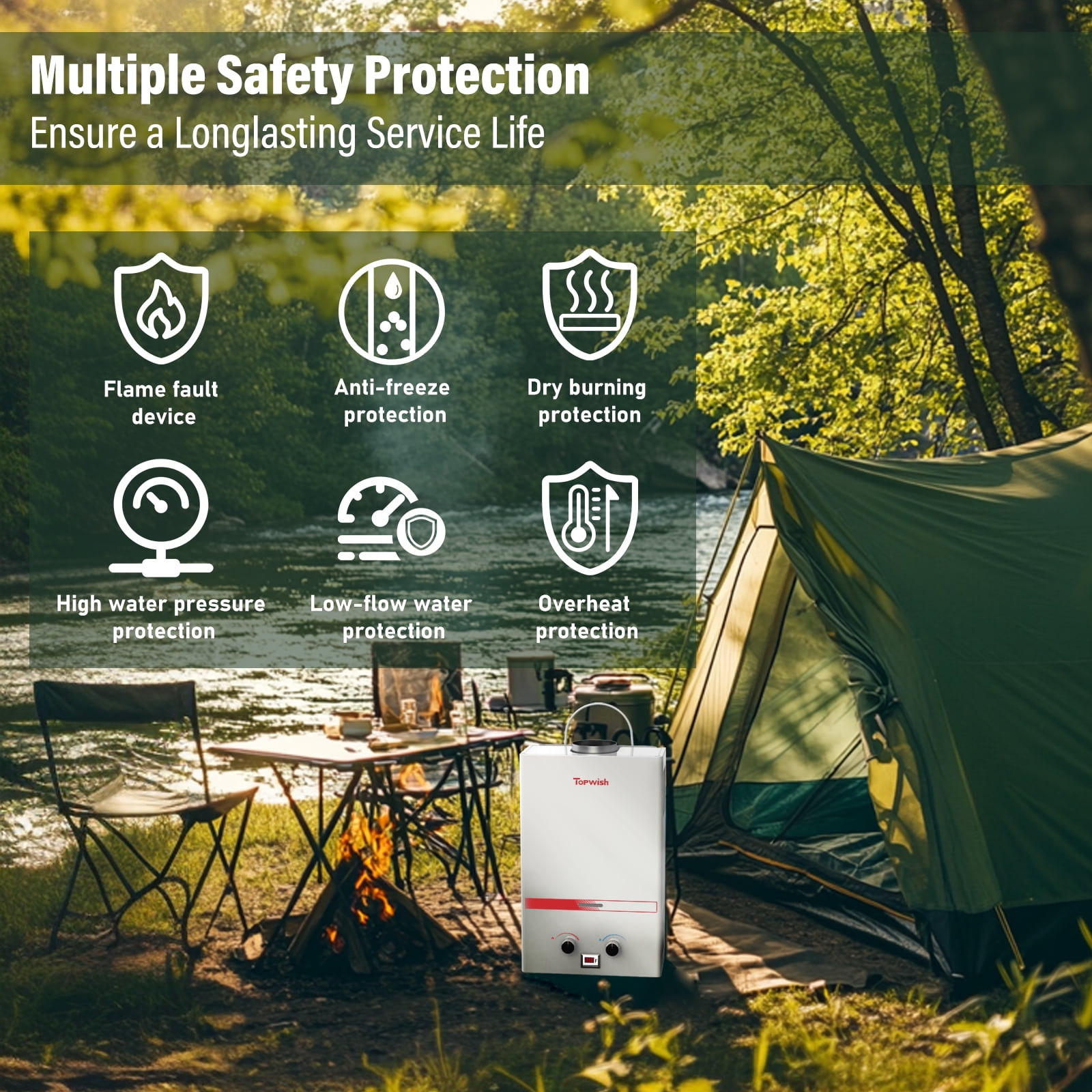 TOPWISH 8L Tankless Propane Water Heater, 2.11 GPM Portable Camping Hot Water Heater, 54,500 BTU, Digital Display, 6-in-1 Safety Protection, Battery-Powered for Outdoor RV Shower & Cabin